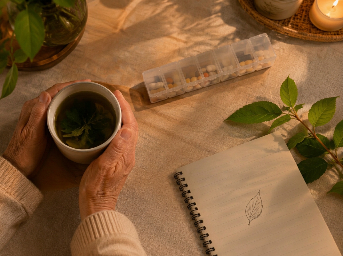 Manos sosteniendo una taza de té junto a un pastillero