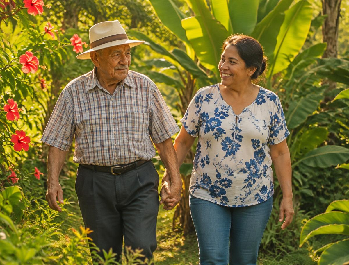 Señor mayor paseando con su hija por el jardín
